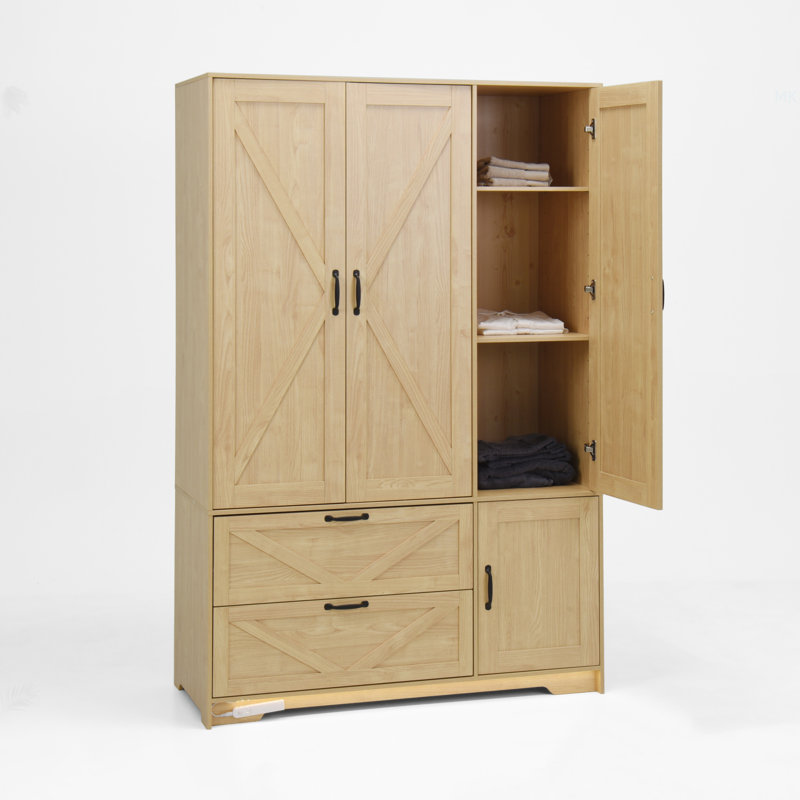 Armoire 4 portes avec miroir, armoire à DEL avec portes et 2 tiroirs, armoire de rangement en bois avec tringle, tablettes réglables, naturel