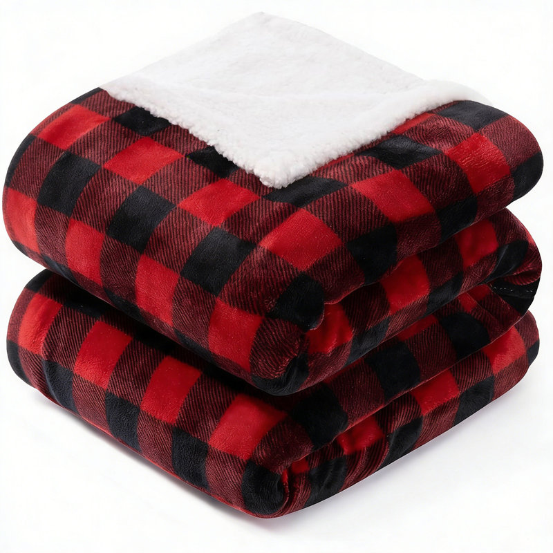 Red And Black Grid Soft Sherpa Fleece Fur Thick Dual Sided Reversible Throw Blanket., 130cm x 150cm