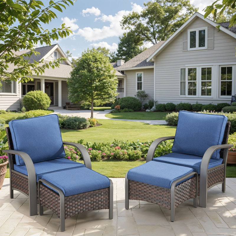 Wyland Outdoor Wicker Furniture Set - 2 Club Chairs & 2 Ottomans Perfect For Patios & Gardens, Blue