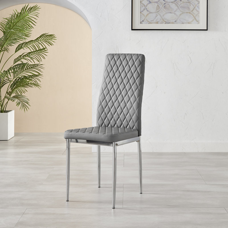 Edzard Double Pedestal High Gloss Dining Table Set with 6 Luxury Faux Leather Dining Chairs, Grey/Silver