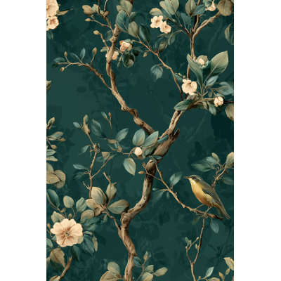 Papier peint floral, oiseau rétro