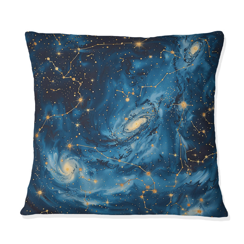 Coussin décoratif bleu et or Space I, H 16 po x l 16 po