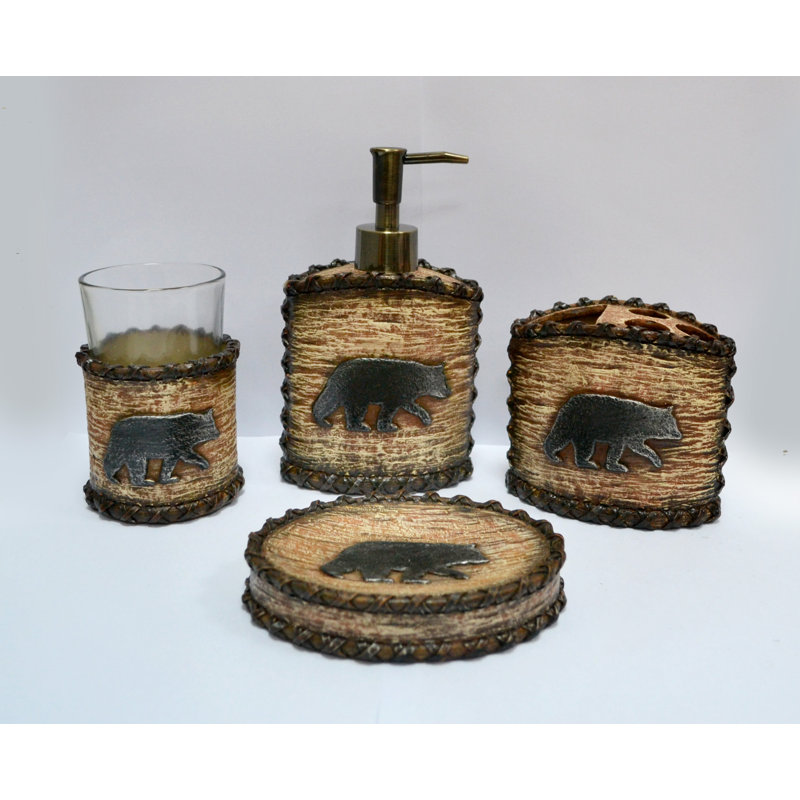  Lodge Bear Wood Design Rustic Cabin 4 Piece Bathroom Countertop Set