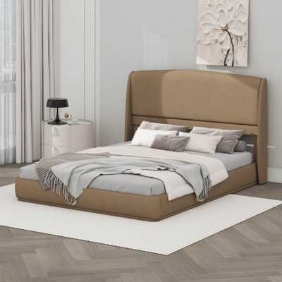 Structure de grand lit avec tête de lit à oreilles, lit plateforme bas, tissu en lin