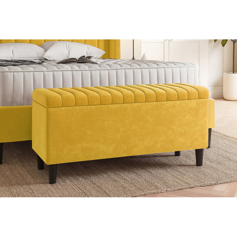 Plush Velvet Lined Upholstered Ottoman Storage Box with Wooden Legs, Mustard Gold, 45cm H X 150cm W X 40cm D