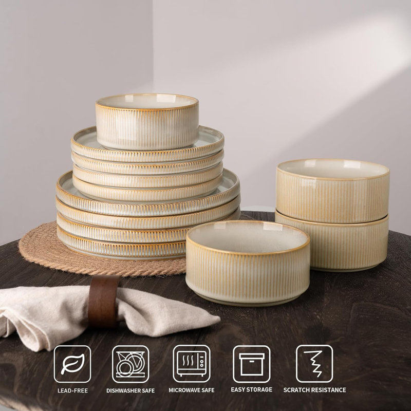 Azal Stoneware Dinnerware Sets, Dish Set, Cappuccino White