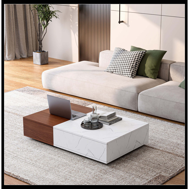 Table basse en noyer de style moderne avec deux espaces de rangement, Brun noyer / blanc, Brun noyer / blanc
