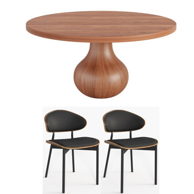 Mid-Century Modern 3/5/7-Pieces Solid Wood Dining Set – 1.2-Inch Thick Round Table Top 47"/53"/59" With Onion-Shaped Base And 4/6/8 Upholstered Chairs Black/White