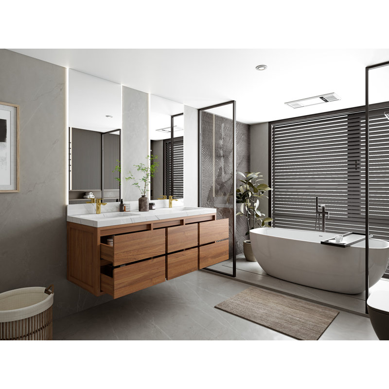 Madison 60'' Dark Natural Teak Double Wall-Mount Vanity with Carrara Marble Top