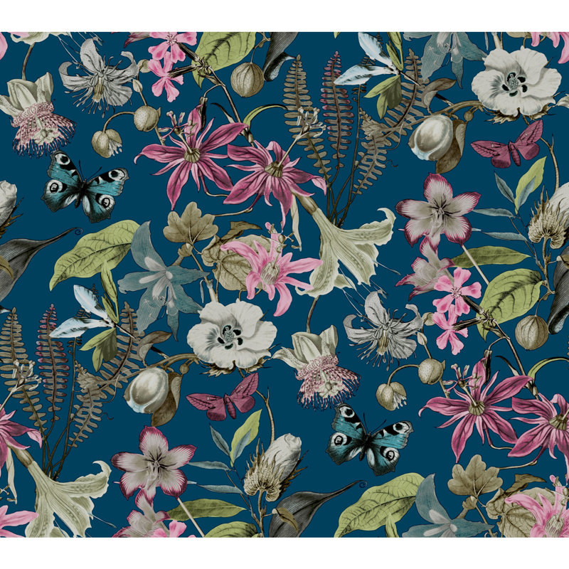 Butterfly House 27' L x 27" W Wallpaper Roll, Navy