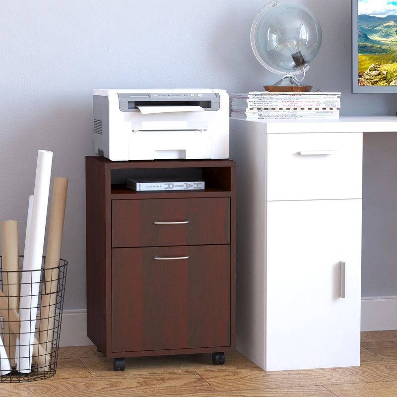 Armoire de rangement mobile brune et support pour imprimante avec tiroir, amplement pour les articles de bureau, compact à placer sous le bureau, freins verrouillables à 4 roues, - surface en bois de particules