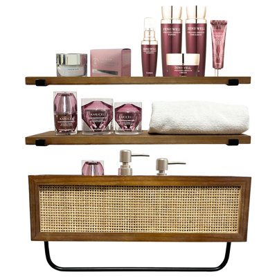 Wood and Rattan Wall Mounted Shelf and Towel Rack Set