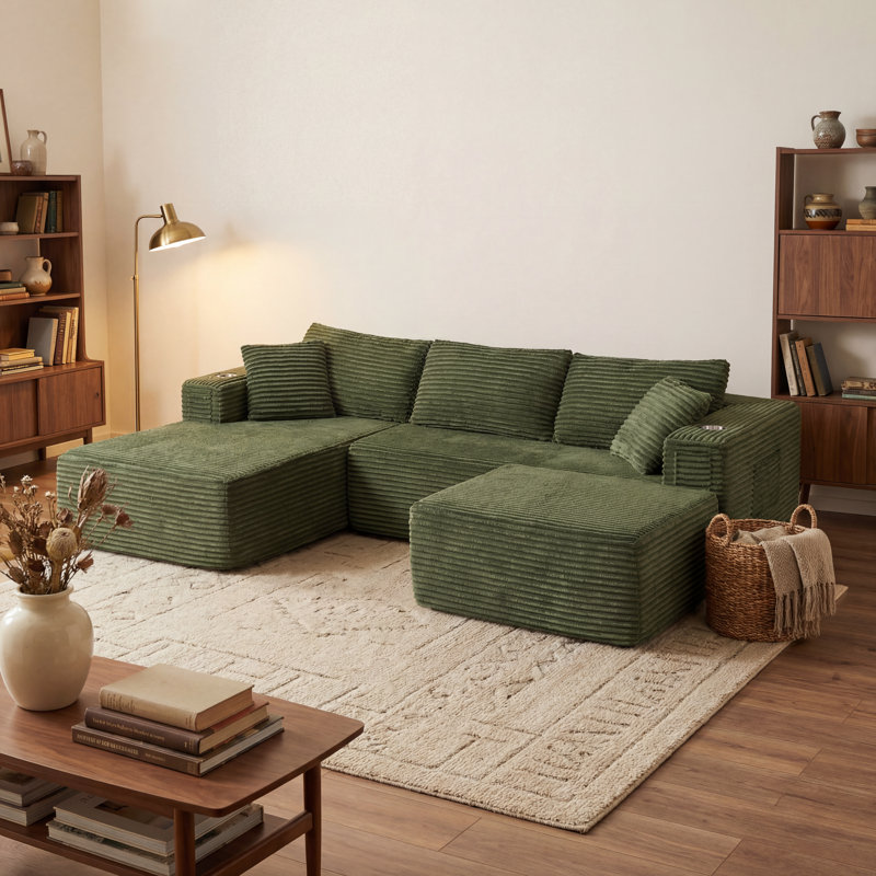 Canapé modulaire en L 108 po avec méridienne 108 po, Velours côtelé vert