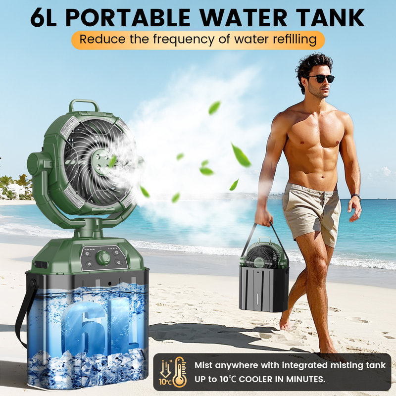 Misting Fan Portable 6L Bucket Camping Fan With Led Light Remote & Hook, 4 Spray Mister, Green, Green