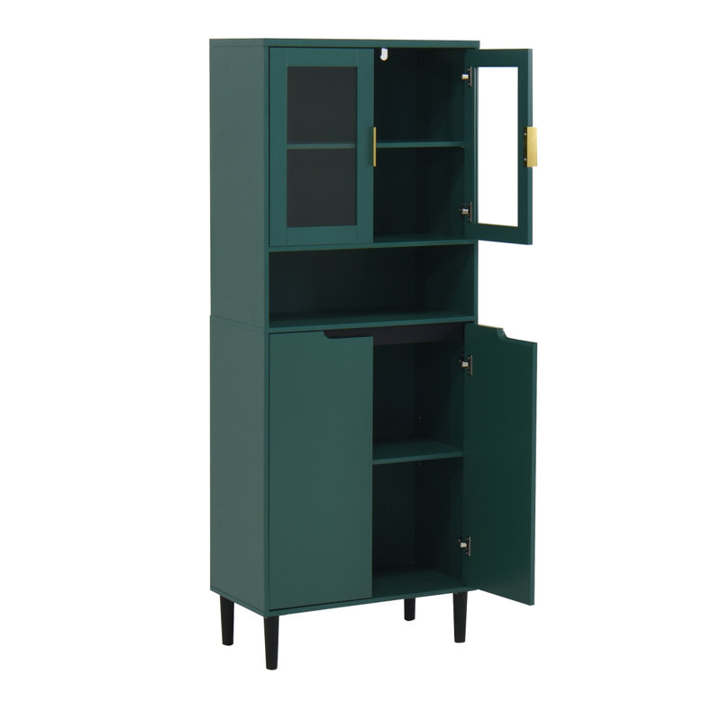 Armoire de rangement haute avec 2 portes vitrées et 2 portes, grande armoire de cuisine avec poignées dorées, Green