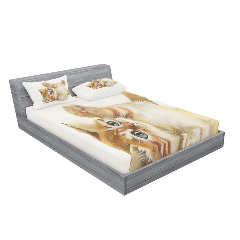 Ensemble de draps chat jouant avec des plumes, Ensemble de drap pour grand lit avec drap-housse