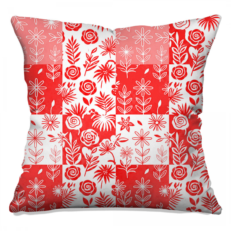 Red Floral Patchwork Double Sided Throw Pillows, 14 x 14 inches