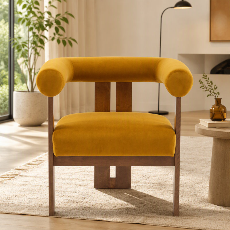 Chaise d'appoint moderne rembourrée avec accoudoirs ronds, Mustard yellow Velvet