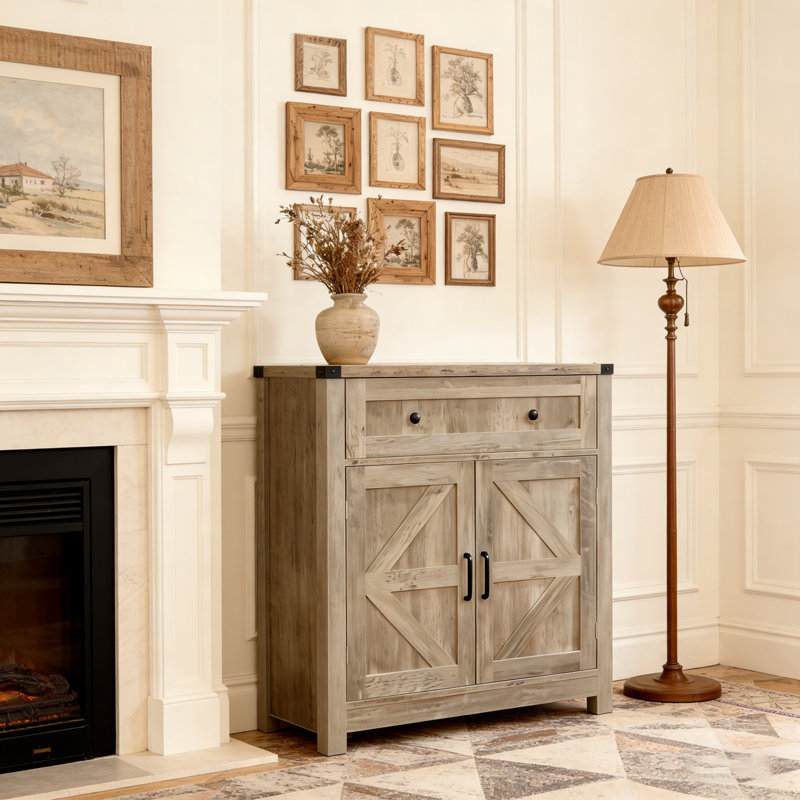 Armoire en bois avec tiroir et portes doubles, Gris clair