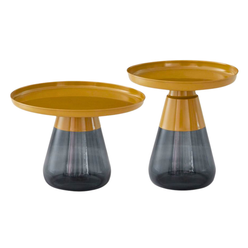 2-Piece Round Nesting Side Table Set with Matte Gold Metal Tray Tops and Smoky Gray Glass Bases, Gold, Smoky Gray