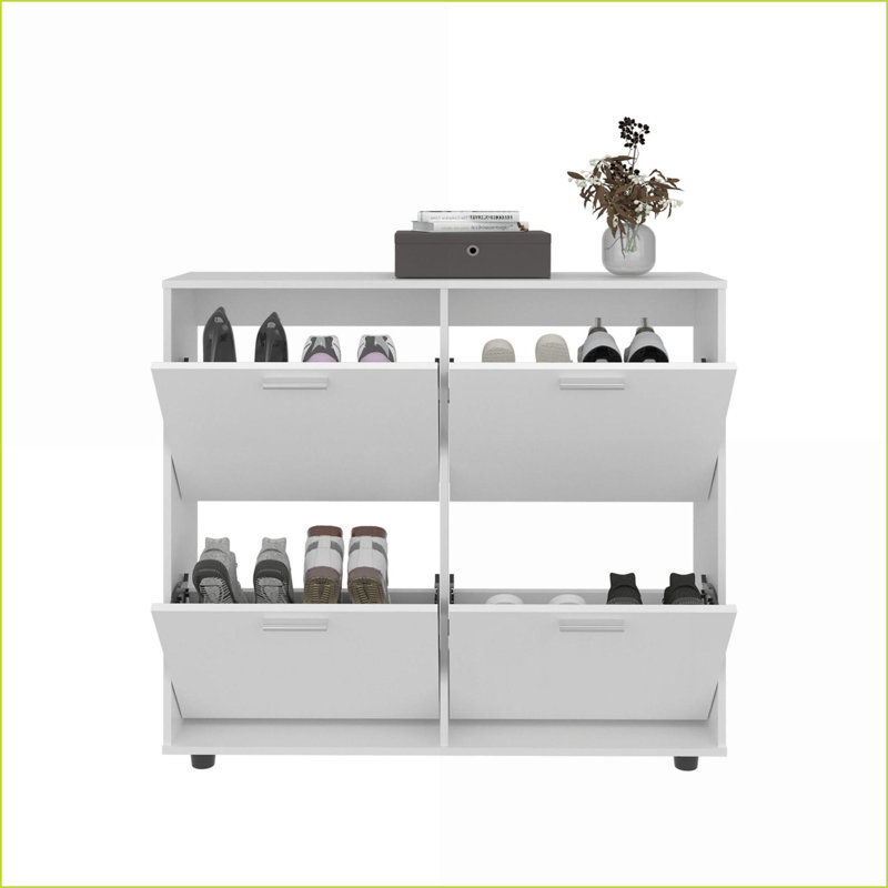 Shoe Rack Cabinet, 4-Door with Multiple Shelves, Modern Footwear Storage | White | MDF