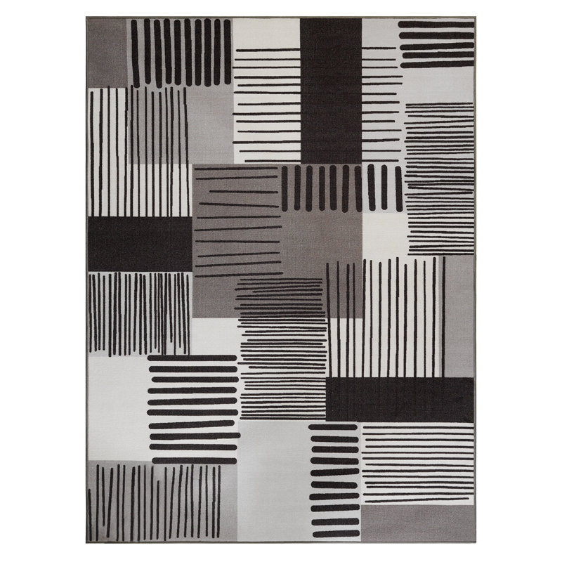 Tapis gris / noir en polypropylène tissé à la machine Cassarah, Rectangle 8 pi x 10 pi 3 po