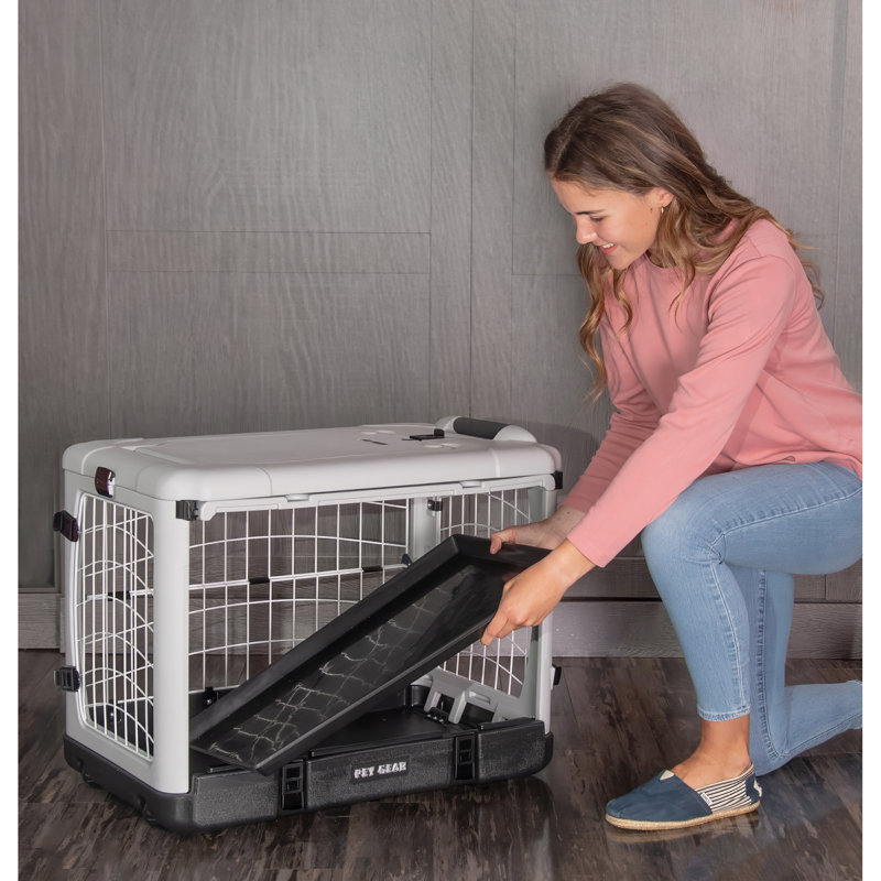 Small Gray Rolling Steel Pet Crate with Removable Tray