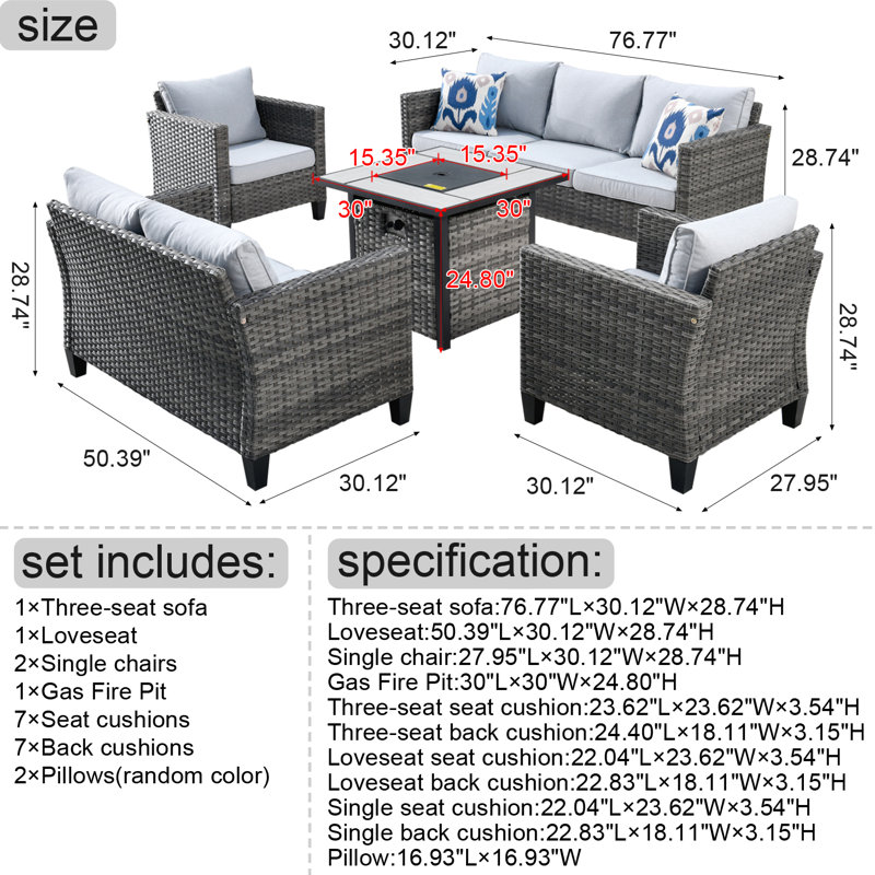 GRST Wicker 7 - Person Patio Conversation Set with Cushions, Gray