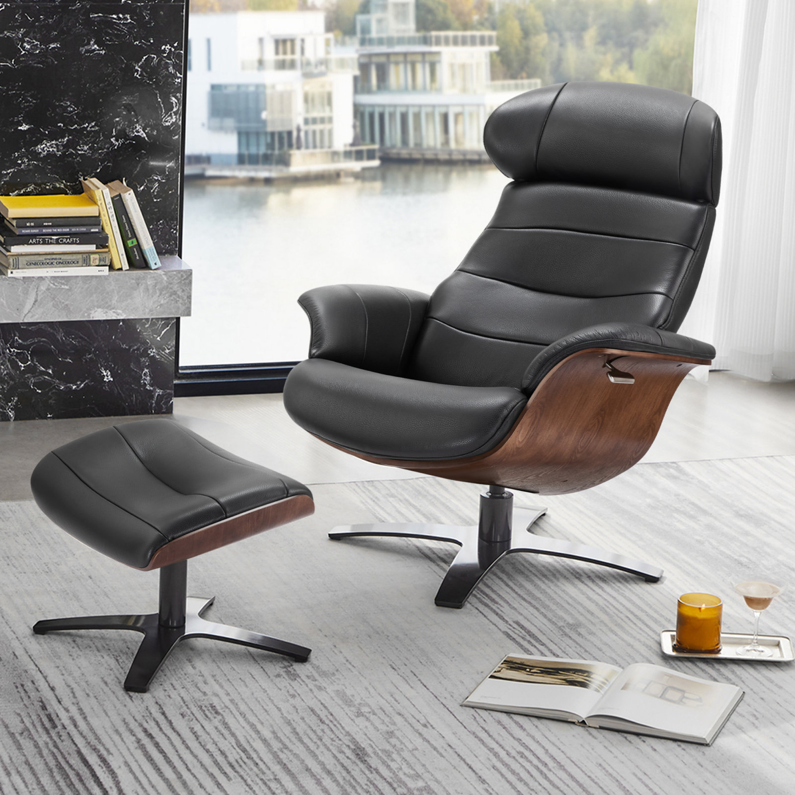 Dillon Genuine Leather Swivel Recliner, New York Midnight