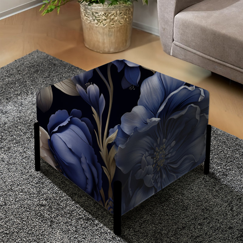 Repose-pieds carré victorien à motif brocart bleu cobalt IV