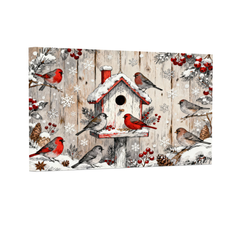 Motif de Noël en bois de Noël et oiseaux enneigé, H 12 po x l 18 po