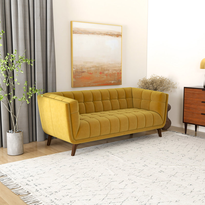Ardrie Upholstered Sofa, Yellow Velvet, 30" H x 78" W x 35"D, 3