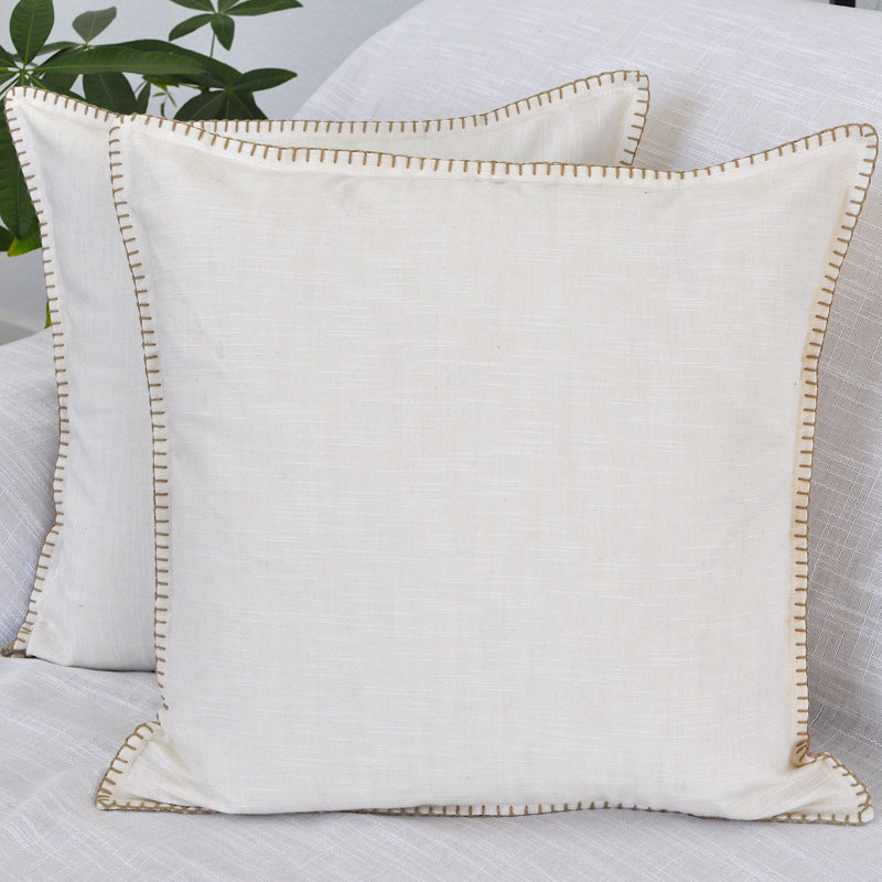 Textured Cotton Throw Pillow Covers / Modern Cushion Covers / Elegant Square Pillow Cases, 18"H x 18"W, Beige  Stitched Edge