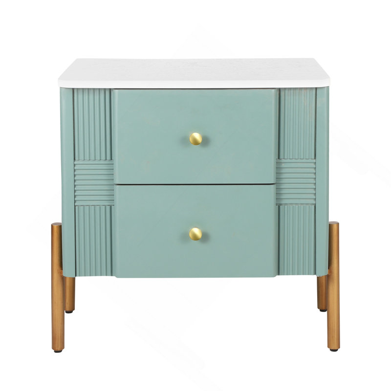 Table de chevet en bois Danny avec 2 tiroirs de rangement et pieds en métal, Vert