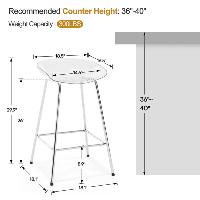 26" Clear Plastic Seat Counter Stools with Chrome Metal Frame, Set of 3