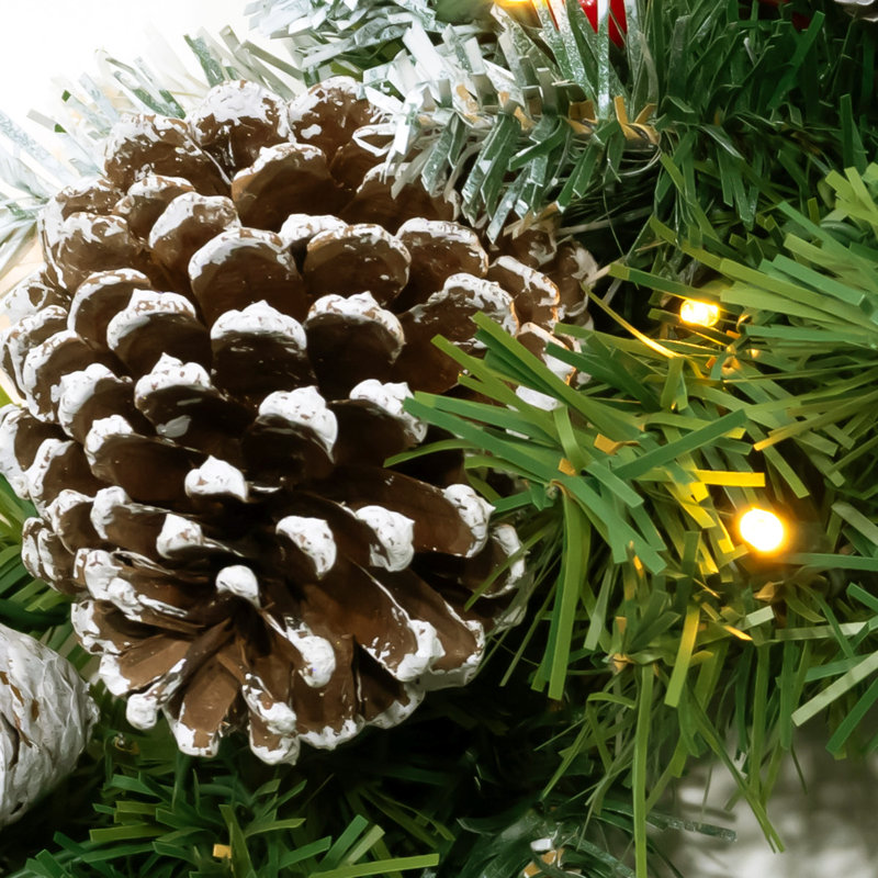 Assortiment de 6 pièces de sapins persistants, 4 arbres avec bases robustes, 1 couronne illuminée, 1 guirlande lumineuse, lumières blanc chaud