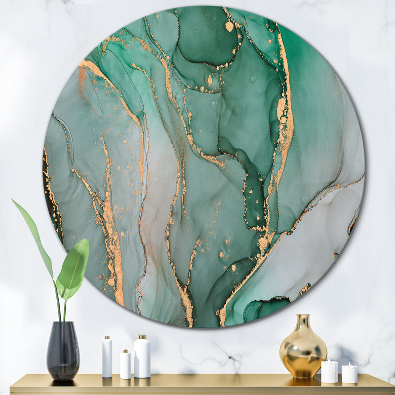 Turquoise et gris, art abstrait fluide de luxe III - cercle moderne en métal, art mural, H 11 po x l 11 po x P 1 po