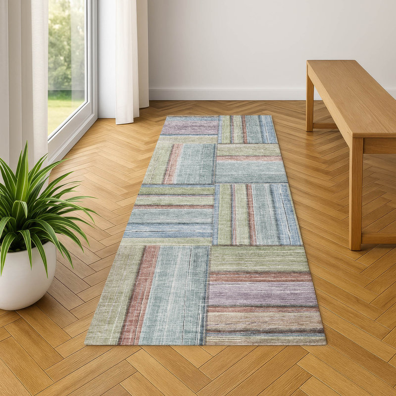 Premium Machine Washable Mayfield AMF2285 Geometric Rug, 2'3" x 7'6" Runner, Aloe