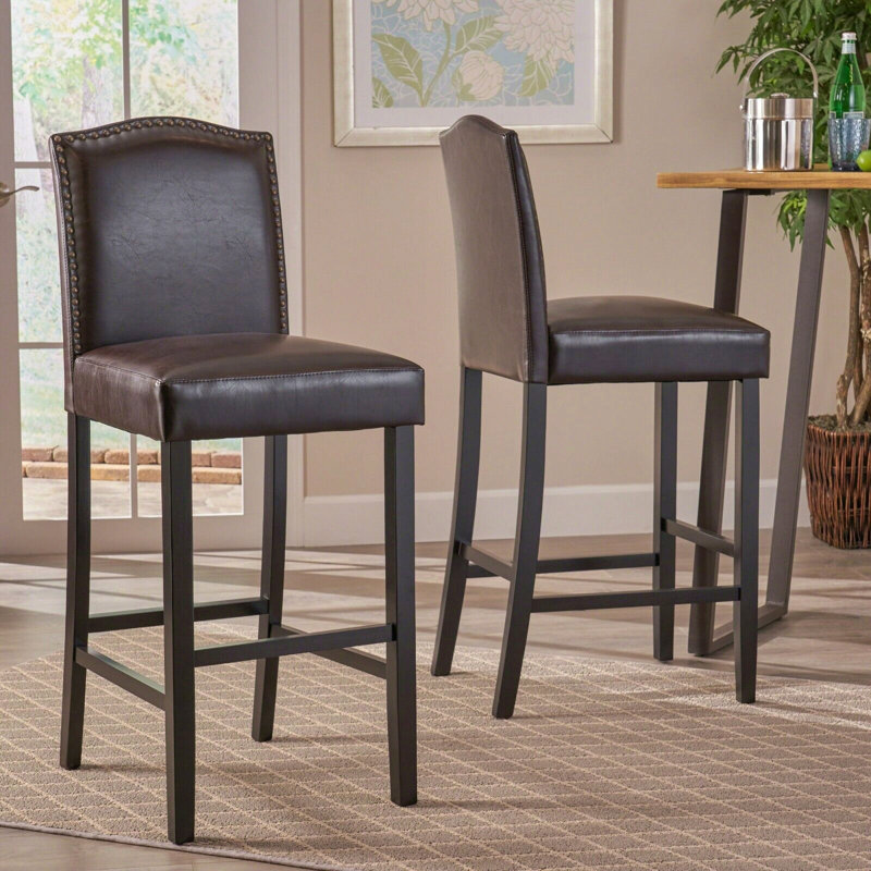 Barstools Set Of 2, Upholstered Bar Stools For Kitchen Island, Brown Rubberwood Legs Pu Faux Leather Seating 300Lbs Weight Capacity