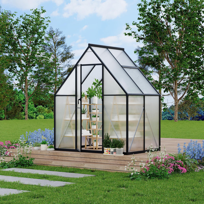 Heavy Duty Aluminum Polycarbonate Greenhouse 6x4 FT – Large Walk-in Kit, Double Swing Doors, Roof Vent, Rain Gutter, High Wind Resistant, Quick Setup, Black