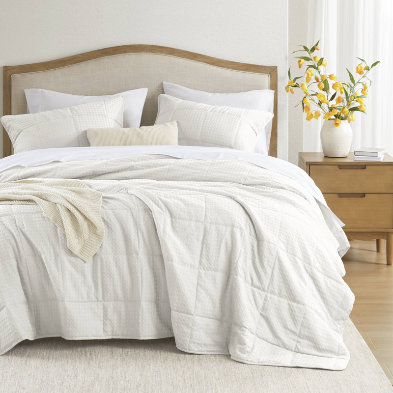 Mina Waffle Weave Textured Cozy Quilt Set, Natural, King/Cal King Quilt + 2 King Shams