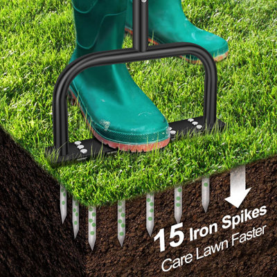 Rainbean Spike Lawn Aerator Manual Tool With 15 Spikes, T-handle & Solid Foot Plate – Heavy-duty Steel Grass  In Black