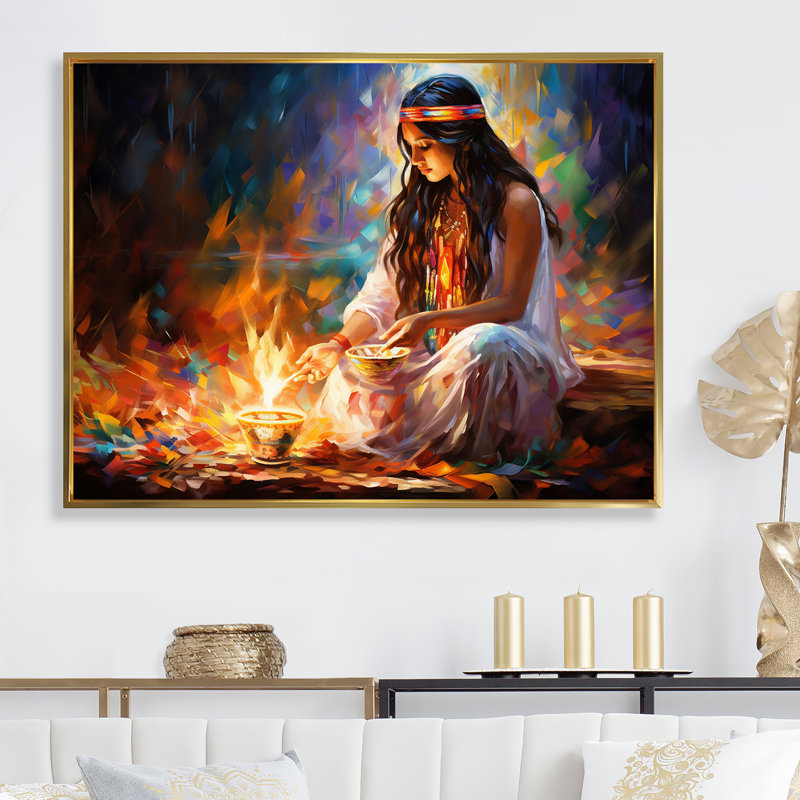 Décoration rituelle amérindienne I - décoration murale d'art amérindien, Cadre flottant doré, H 34 po x l 44 po x P 1,5 po