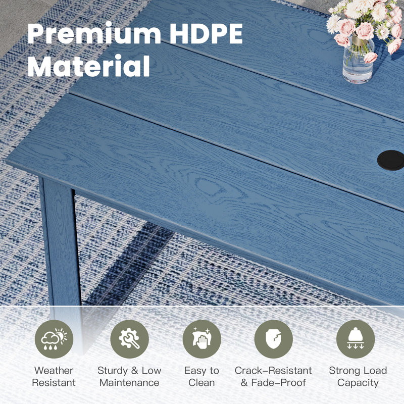 Table de salle à manger rectangulaire en PEHD pour l'extérieur avec trou pour parasol, Navy