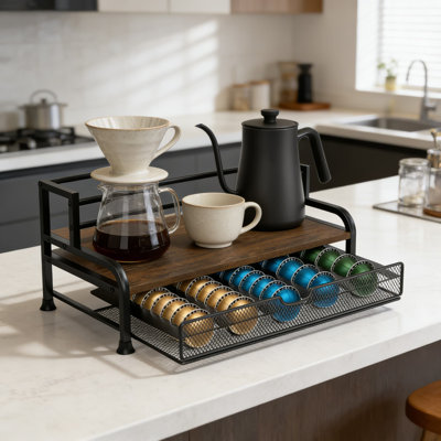 Support à 3 niveaux pour sirop de café et doseur avec tiroir, peut contenir 8 bouteilles de sirop et 30 à 40 capsules Nespresso, un comptoir en métal et en bois robuste pour la cuisine et le café