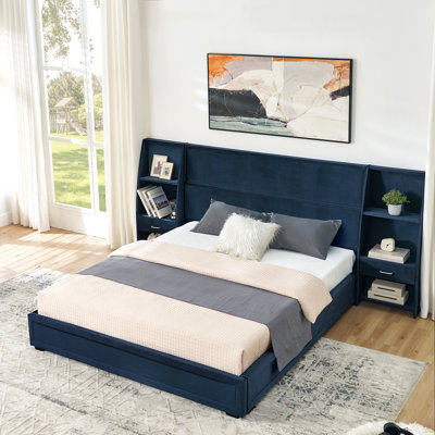 Queen Size Modern Storage Platform Bed Frame, Glossy Velvet Headboard with Side Bookcases & Drawer, Mattress Excluded-Dark blue