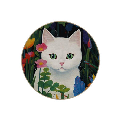 Round White Cat Pattern with Flower Detail Modern Decorative Machine Washable Rug
