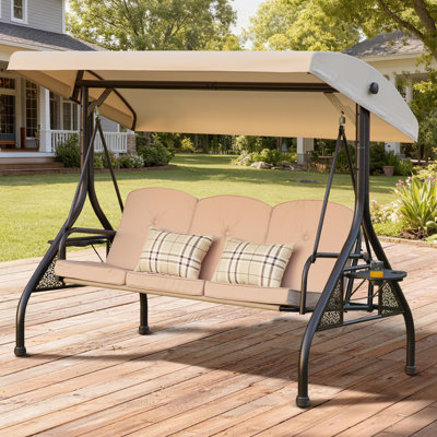Balancelle d'extérieur 3-en-1 convertible 3 personnes avec auvent, dossier réglable, coussins et porte-gobelets (tube rond, kaki)