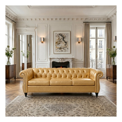 84.65" Rolled Arm Chesterfield 3-Seater Sofa in Gold PU Leather with Deep Button Tufting