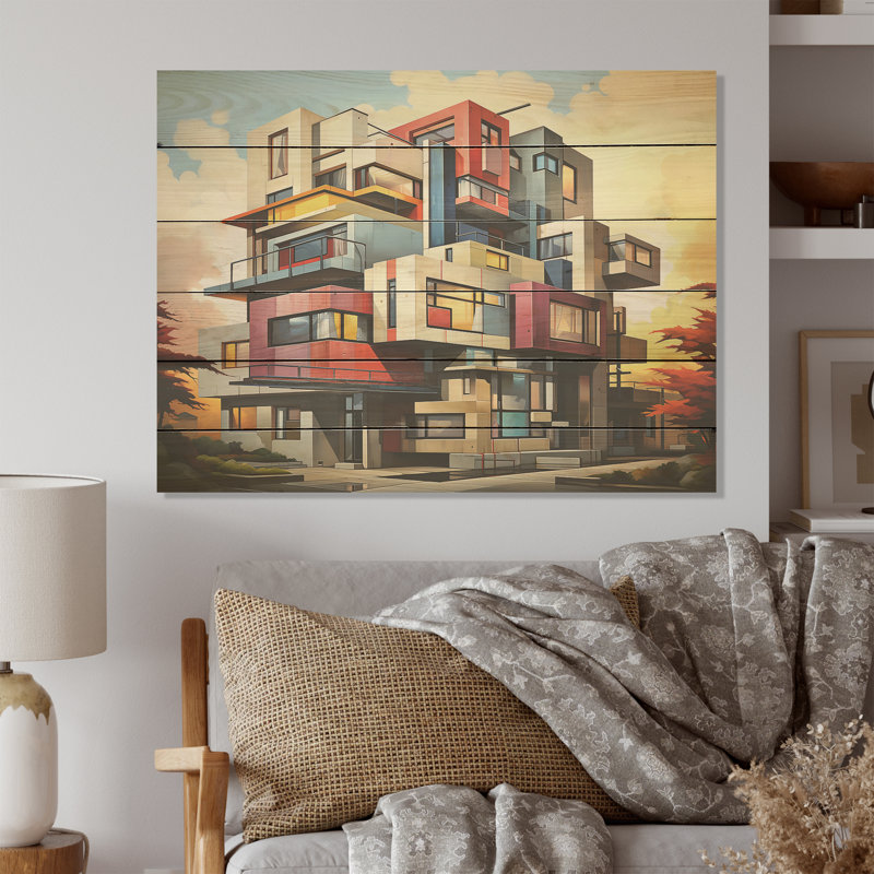 De Stijl Geometric Pastel Cityscape - Sunset Wood Art On Natural Pine Wood, 10" H x 20" W